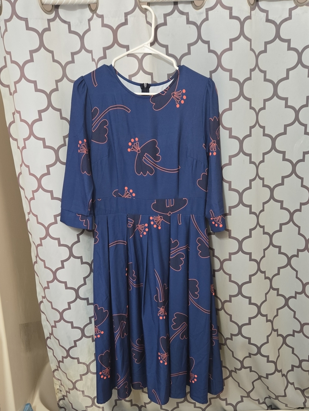 Navy Floral Midi Dress with Pink Motif - Brand Unspecified
